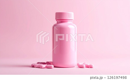 Markup of pink supplement bottle with capsules on pink background. 126197498