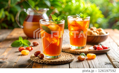 Refreshing iced tea with mint and candy is placed on the table. 126197592