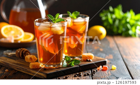 Refreshing iced tea with mint and candy is placed on the table. 126197593