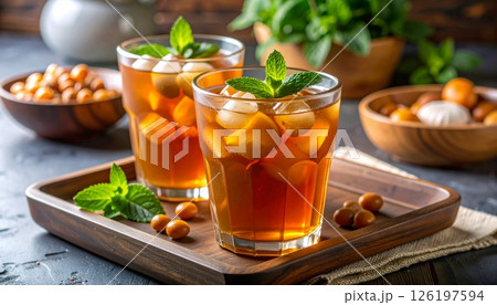 Refreshing iced tea with mint and candy is placed on the table. Refreshing iced tea with mint and candy is placed on the table. 126197594