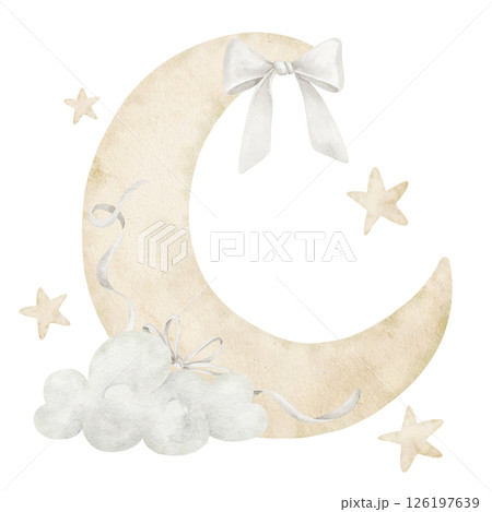 Watercolor illustration of a Crescent moon with bows, ribbons, and soft stars. A gentle and dreamy drawing with sky elements and ribbons for baby room decor, newborn invitations or nursery design. 126197639