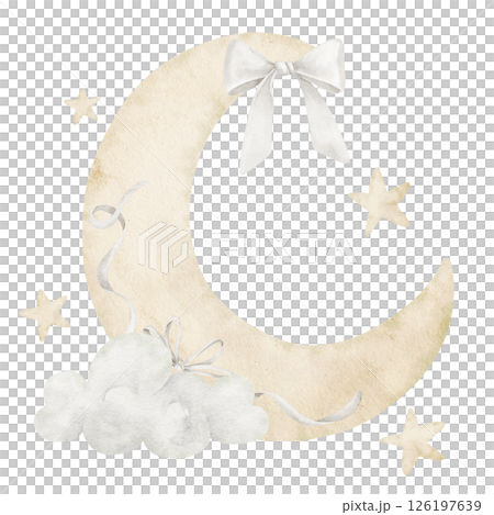 Watercolor illustration of a Crescent moon with bows, ribbons, and soft stars. A gentle and dreamy drawing with sky elements and ribbons for baby room decor, newborn invitations or nursery design. 126197639
