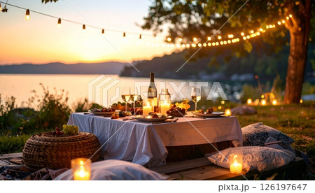 A romantic riverside picnic with a sunset view and fairy lights A romantic riverside picnic with a sunset view and fairy lights 126197647