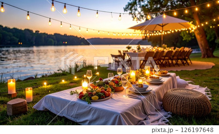A romantic riverside picnic with a sunset view and fairy lights 126197648