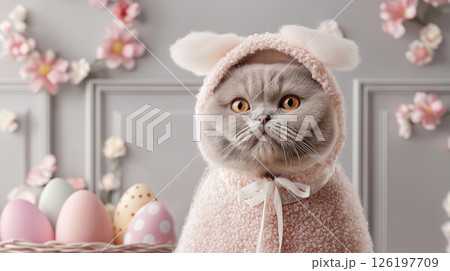 English cat in an adorable costume surrounded by pastel eggs and flowers 126197709