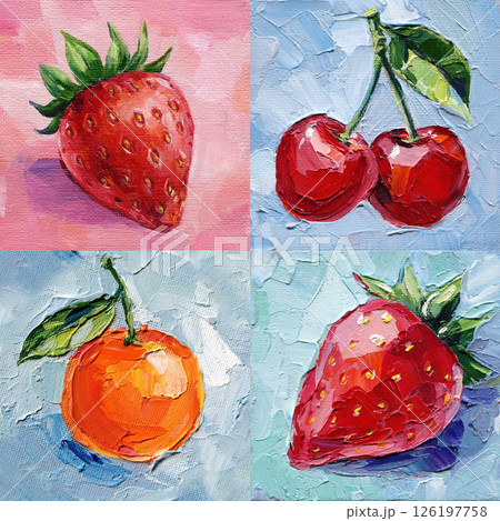 strawberry cherry orange fruit set painting in impasto style colorful food art collection on textured backgrounds 126197758