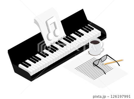 Isometric portable piano synthesizer, notebook with composer drafts and a cup of coffee on workspace of tired author. Realistic 3D vector concept isolated on white background 126197991