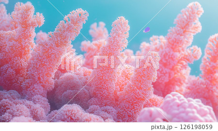 Coral reef displays vibrant hues and intricate structures in clear tropical waters 126198059