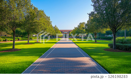 University campus pathway lined with trees and green lawns 126198283
