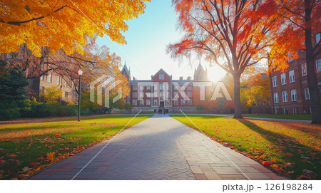 Bright autumn day on university campus with colorful leaves and sunlight 126198284