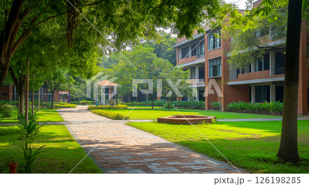 Serene university campus path surrounded by greenery on a sunny day 126198285