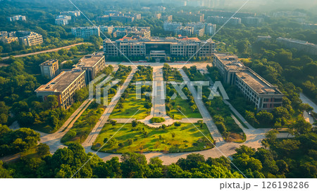 High angle view of university campus with lush greenery and modern architecture 126198286