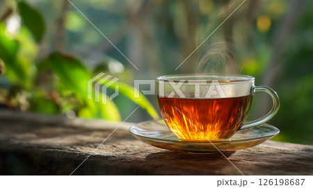 Warm cup of tea resting on wooden surface 126198687