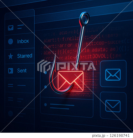 フィッシング詐欺を象徴するメールと釣り針のイメージ フィッシング詐欺を象徴するメールと釣り針のイメージ 126198741