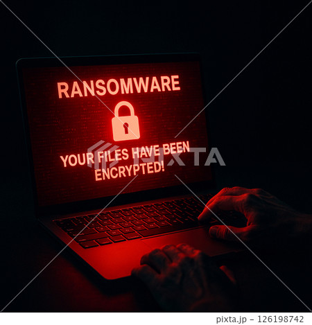 ランサムウェアに感染したPC画面と緊迫した手元 ランサムウェアに感染したPC画面と緊迫した手元 126198742