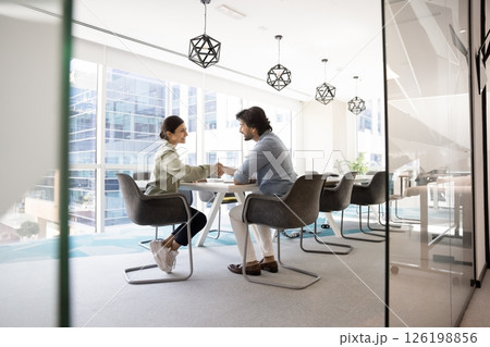 Two professionals finalize formal meeting in modern boardroom with handshake Two professionals finalize formal meeting in modern boardroom with handshake 126198856