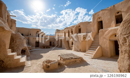 Historic architecture with earthen structures and open courtyards 126198962
