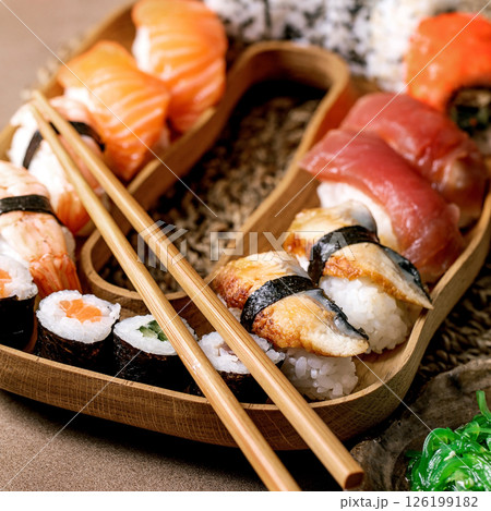 Japanese dish sushi and rolls rice with fish 126199182