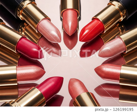 Stylish flat lay of luxury lipsticks in shimmering shades of pink, red, and coral arranged in a circular pattern on a glossy mirrored surface.  126199195