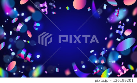 Carnival confetti. Neon background. Color glitter for party birthday. Festive blue gift light effect. Sparkle particle. Burst flash. Curl spirals. Defocused iridescent frame. Vector cracker backdrop Carnival confetti. Neon background. Color glitter for party birthday. Festive blue gift light effect. Sparkle particle. Burst flash. Curl spirals. Defocused iridescent frame. Vector cracker backdrop 126199201