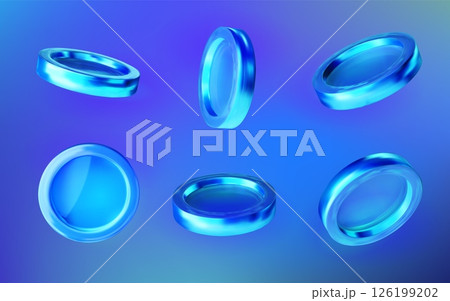 Coin 3D. Neon money. Blue icon. Falling cash currency. Holographic casino token. Bank game. Jackpot finance. Glossy metal chip view angles. Realistic wealth hologram. Vector exact profit elements set Coin 3D. Neon money. Blue icon. Falling cash currency. Holographic casino token. Bank game. Jackpot finance. Glossy metal chip view angles. Realistic wealth hologram. Vector exact profit elements set 126199202
