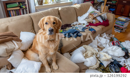 Mischievous golden dog causing chaos on the living room couch 126199292