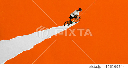 Male cyclist speeds forward on torn white road across vibrant orange background. Dynamic graphic design. Concept of sport, game, competition, endurance, road cycling Male cyclist speeds forward on torn white road across vibrant orange background. Dynamic graphic design. Concept of sport, game, competition, endurance, road cycling 126199344