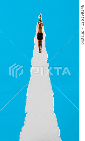 Focused swimmer jumps into torn paper space with streamlined arms and goggles on blue background. Contemporary collage. Concept of sport, game, competition, performance, strength Focused swimmer jumps into torn paper space with streamlined arms and goggles on blue background. Contemporary collage. Concept of sport, game, competition, performance, strength 126199346