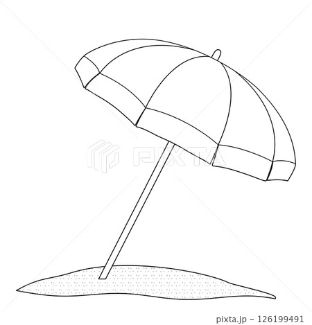 Coloring page with summer outline drawing of beach umbrella protecting from the sun, on the sand against. For entertaining kids, summertime, seasonal, climate, and outdoor black and white design. Coloring page with summer outline drawing of beach umbrella protecting from the sun, on the sand against. For entertaining kids, summertime, seasonal, climate, and outdoor black and white design. 126199491