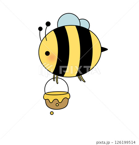 A cartoon bee is holding a honey bucket A cartoon bee is holding a honey bucket 126199514