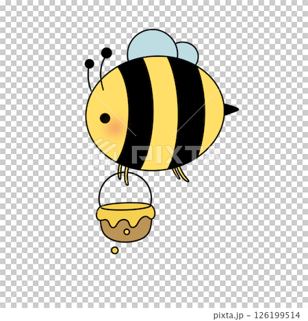 A cartoon bee is holding a honey bucket A cartoon bee is holding a honey bucket 126199514