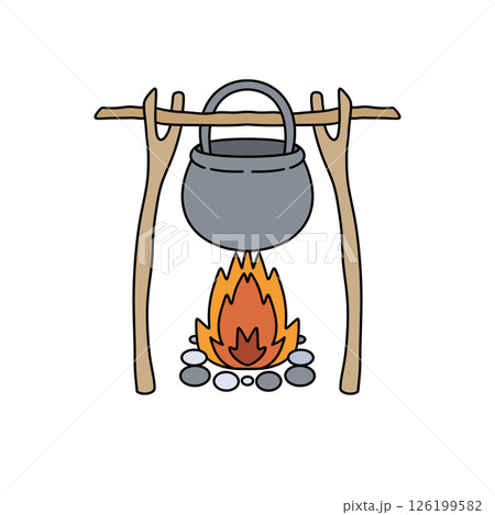 A cartoon drawing of a pot on a fire with a stick holding it 126199582