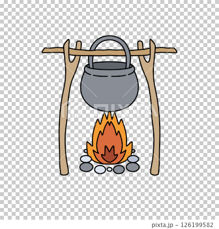 A cartoon drawing of a pot on a fire with a stick holding it 126199582