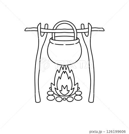 A pot is hanging over a fire 126199606