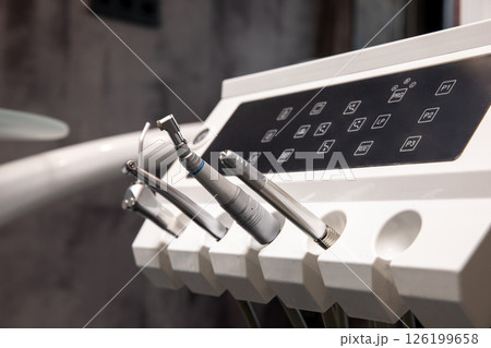 Close-up of dental control panel and handpieces Close-up of dental control panel and handpieces 126199658