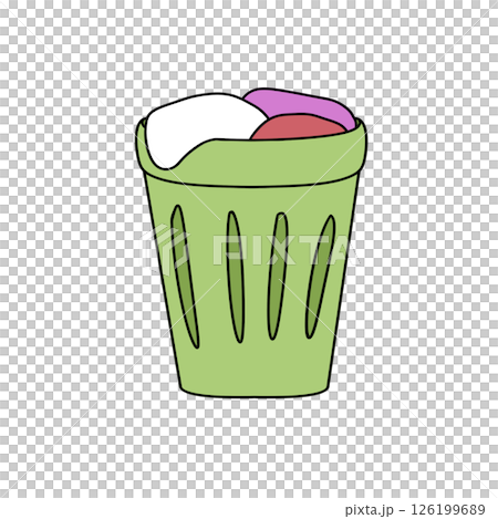 A green trash can with a white lid and a pink and purple object inside A green trash can with a white lid and a pink and purple object inside 126199689