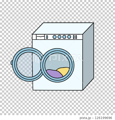 A cartoon drawing of a washing machine with the door open 126199696