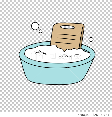 A cartoon drawing of a bowl of white foam with a piece of wood in it 126199724