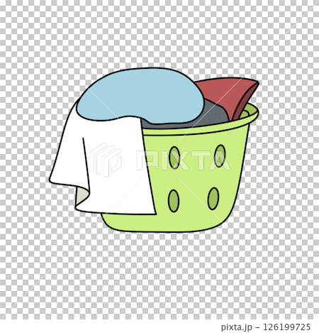 A green laundry basket with a white towel and a blue pillow 126199725