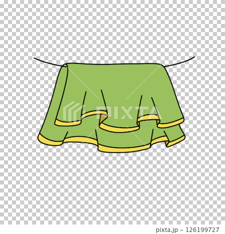 A green skirt with yellow trim hanging on a clothesline 126199727