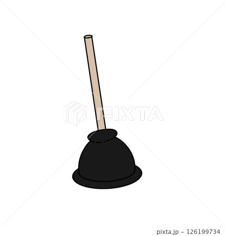 A black plunger with a wooden handle sits on a white background A black plunger with a wooden handle sits on a white background 126199734