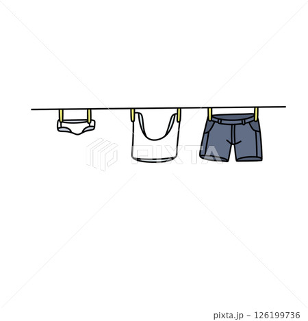 Three pieces of clothing are hanging on a clothesline 126199736