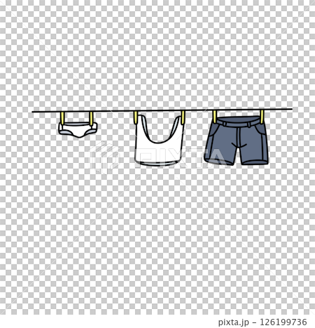 Three pieces of clothing are hanging on a clothesline Three pieces of clothing are hanging on a clothesline 126199736