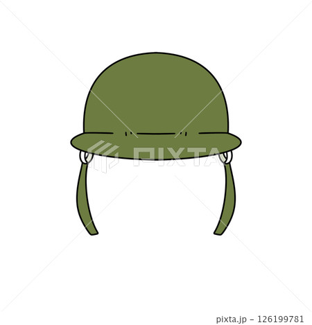 A cartoonish green helmet with a strap 126199781