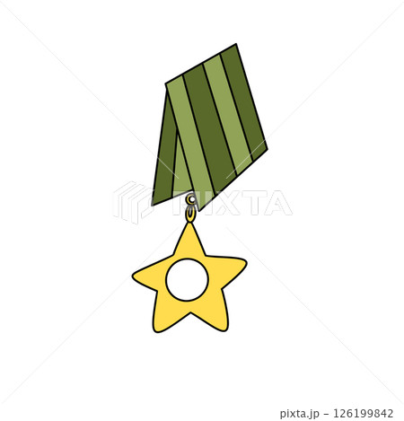 A yellow star with a hole in the middle is hanging from a green ribbon A yellow star with a hole in the middle is hanging from a green ribbon 126199842