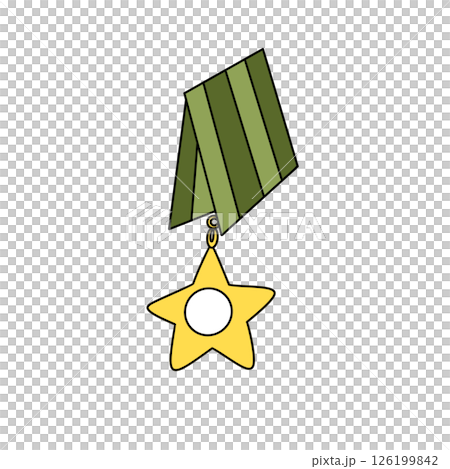 A yellow star with a hole in the middle is hanging from a green ribbon 126199842