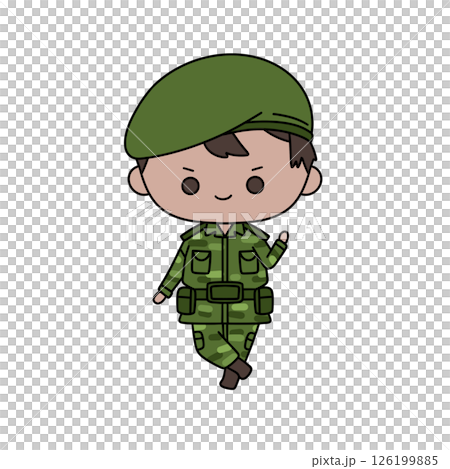 A cartoon soldier is standing with his hands on his hips and a smile on his face 126199885