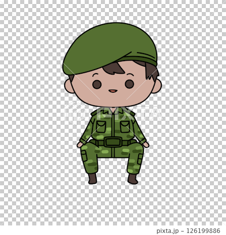 A cartoon soldier is sitting on a chair with a green uniform and a green hat A cartoon soldier is sitting on a chair with a green uniform and a green hat 126199886
