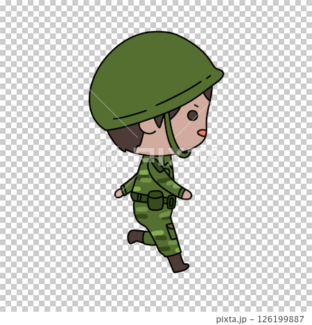 A cartoon soldier is walking in a green uniform 126199887