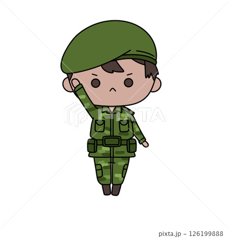 A cartoon soldier is standing with his hands on his hips and his head down 126199888